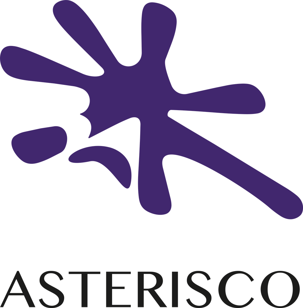 Asterisco* logo — a violet paint-splatter asterisk above the word Asterisco